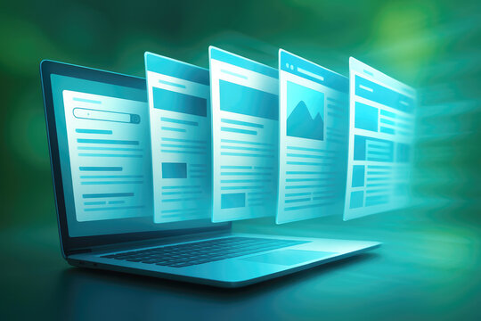 Laptop screen showing multiple web pages with a bright blue abstract background computer website