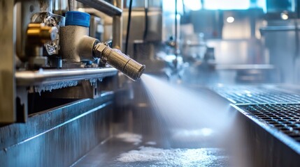 Industrial food prep facility, high-pressure water spray cleaning equipment in operation