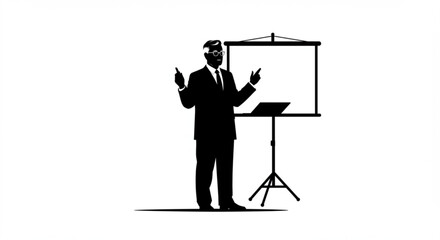 Silhouette of a man in a suit giving a presentation with a projector screen and podium behind him vreated with genrated ai
