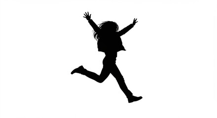 Silhouette of a woman jumping with arms raised in the air on a white background with long hair vreated with genrated ai