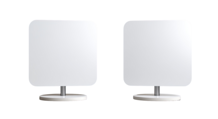 Two square, blank white panels mounted on pedestal bases