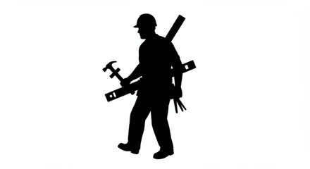 Silhouette of a construction worker carrying tools and lumber on his shoulder in black and white vreated with genrated ai