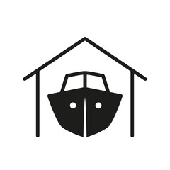 Ship icon, front view, in black color. Boat in a garage symbol. Vector isolated illustration