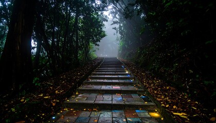 A pathway of colorful mosaic tiles leads through a misty forest, illuminated by subtle lights.