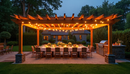 Luxurious backyard dinner party setup under illuminated pergola. Wooden table laden with food, candles, floral arrangements awaits guests. Features outdoor kitchen with grill, manicured lawn,