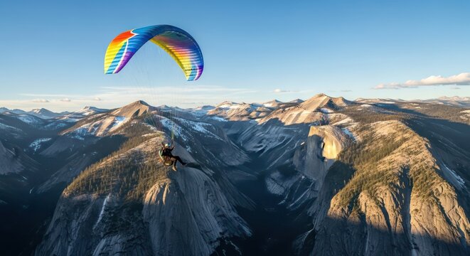 Paraglider soars over Yosemite's granite cliffs, rainbow wing against a clear blue sky