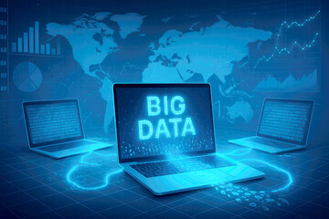 Three laptops displaying Big Data analytics with glowing connections and world map background technology