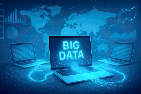 Three laptops displaying Big Data analytics with glowing connections and world map background technology