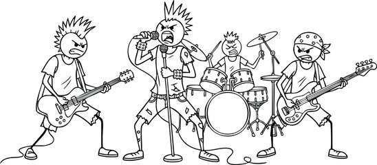 Cartoon punk rock band performing with angry expressions and musical instruments.
