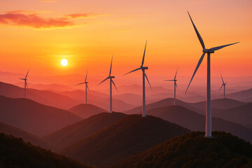 Wind Turbines on Mountain Ridges at Sunset with Dramatic Orange and Red Sky Keywords: wind turbine, wind farm, renewable energy, green energy, clean energy, sustainable energy, electricity, power