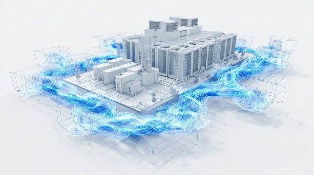 Carbon neutral data center in minimalist wireframe style with blue energy flowing lines on white background, illustrating sustainable technology, eco-friendly computing and green energy concepts