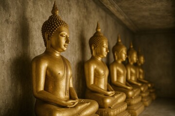 Row of Golden Buddha Statues in Meditative Poses, Ancient Spirituality and Tranquility