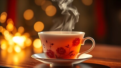 Obraz premium Porcelain teacup with peony motifs, steam rising as bokeh lights mimic festive fireworks.