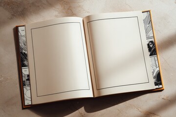 Open Comic Book Mockup Featuring Blank Pages and a Textured Background for Creative Projects