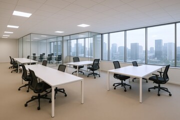 Modern Coworking Space with City View: Bright, Spacious Office Interior for Business and Collaboration