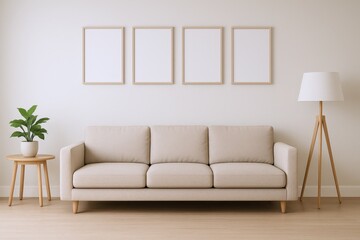 Neutral Living Room Interior with Beige Sofa, Mockup Frames, Wooden Floor, Lamp, and Plant