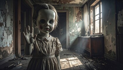 A doll stands in a sunlit, decaying room, radiating an eerie atmosphere.
