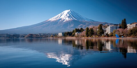 Majestic Mountain Peak Reflecting in Serene Lake Waters, Scenic Landscape in Japan, Inspiring Travel Destination