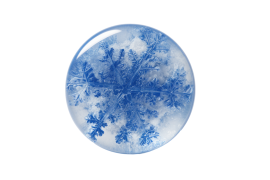 A round, transparent sphere,  revealing a delicate, detailed snowflake.  Blue hues and frosty textures fill the interior