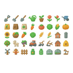 Vibrant collection of garden and farm icons representing tools plants animals and structures