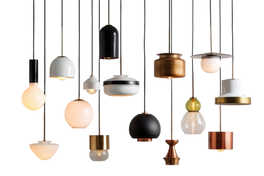 Collection of modern pendant lights in various shapes and colors - Powered by Adobe