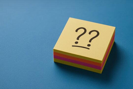Question Marks on Colorful Sticky Notes Stacked on Blue Background, Symbolizing Confusion and Uncertainty