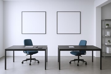 Modern Office Interior with Two Desks, Chairs, and Blank Frames on White Wall for Mockup