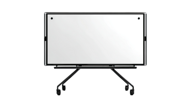 Interactive whiteboard on wheeled stand.  Blank screen, modern design