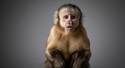 Fototapeta premium A capuchin monkey with a surprised expression sitting against a gray background in a studio setting