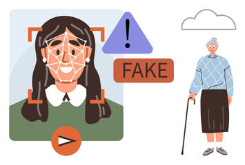 Facial recognition technology identifies a fake face with warning icons, play button, and caution text. Elderly woman stands nearby. Ideal for fraud detection, biometrics, AI ethics, technology