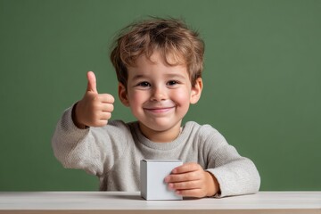 Happy Young Boy Holding a Small Gift Box and Giving a Thumbs Up with Green Background