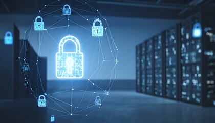 A digital representation of security protocols in a server room, highlighted by glowing lock symbols connected by a network.