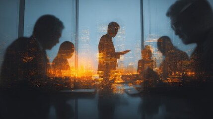 Strategic Business Meeting at Twilight: Diverse Team Brainstorming with Cityscape View in Modern Office