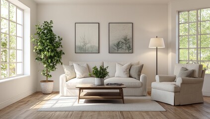 Bright, airy living room with light beige sofa, armchair, and wooden coffee table.  Two framed prints hang above the couch. A potted plant adds greenery. Sunlight streams through large windows