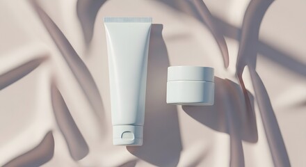 Two white cosmetic containers, a tube and a jar, are displayed on a textured fabric surface with soft shadows.