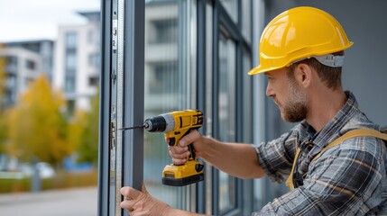 Construction Worker Installing Window Frame with Drill and Safety Helmet on a Building Site
