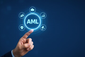 Anti-Money Laundering Compliance Concept Shown by Finger Touching AML Screen in Dark Blue Background