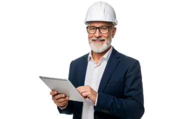 A seasoned and confident male engineer or project manager, embodying professionalism and experience, skillfully uses a digital tablet for efficient site planning.