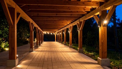 Wooden pergola at night