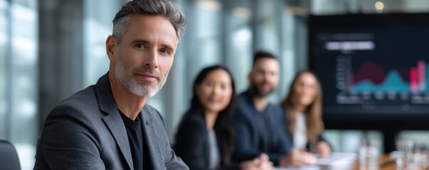 Confident Businessman Leads Meeting with Diverse Team, Discussing Financial Charts and Growth Strategies