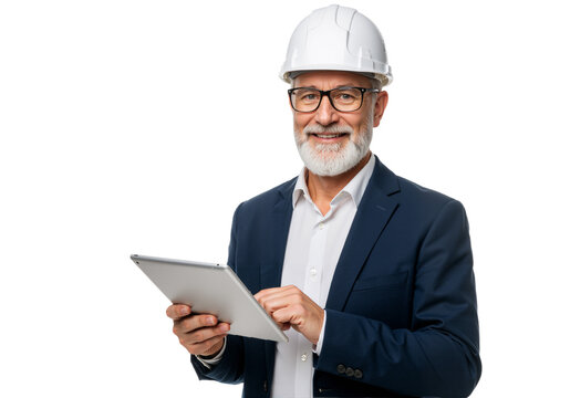 A seasoned and confident male engineer or project manager, embodying professionalism and experience, skillfully uses a digital tablet for efficient site planning.