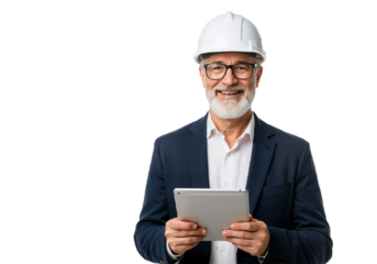 Smiling senior engineer in a hard hat holding a digital tablet for a construction project on a transparent background