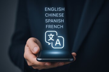 Smartphone Translation App: English, Chinese, Spanish, French Language Services Concept with a Modern Design