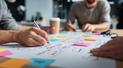 Team Brainstorming Ideas on a Table with Sketches and Sticky Notes in an Office Setting