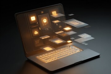 Futuristic Laptop Interface with Floating Data Displays for Advanced Technology and Digital Communication
