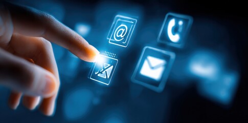 Contact Options: Finger Touching Communication Icons on a Digital Interface for Modern Business