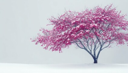 Obraz premium A solitary, snow-dusted tree with vibrant pink blossoms stands against a muted, gray, hazy background. The scene evokes a serene winter landscape
