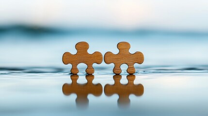 Two wooden puzzle pieces floating on water, with reflections, against a blurred blue and white background.