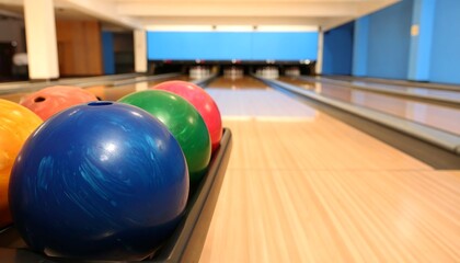 Colorful bowling balls sit in a tray, ready for action on a light-brown bowling alley floor.