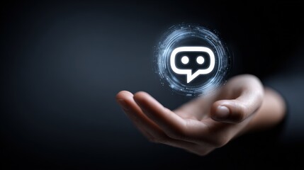 AI-Powered Chatbot Assistant Concept: Open Hand Presenting a Digital Communication Icon with Artificial Intelligence